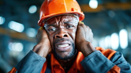 A distressed factory worker, wearing an orange hard hat, covers his ears against the loud noise of machinery, expressing feelings of overwhelmed frustration and stress in his workplace.