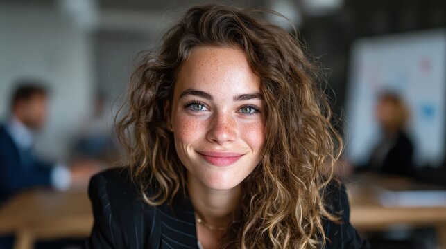 A bright smiling woman in professional attire showcases confidence and approachability in a modern office setting, embodying success and a positive work environment.