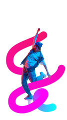 A dynamic dancer leaps with a vibrant 3D gradient ribbon, creating an energetic and colorful composition. Concept of movement and creative expression in modern art.
