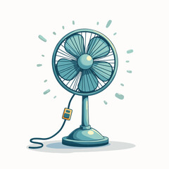 Electric fan illustration with blades and cable on white backdrop. This electric fan provides cool airflow on a hot summer day, featuring detailed parts.