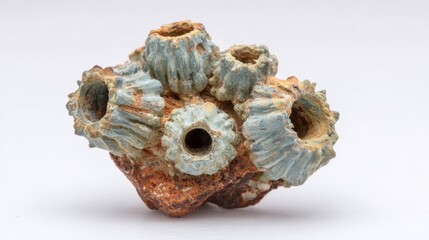 Obraz premium Cluster of barnacles attached to small rock displayed on white
