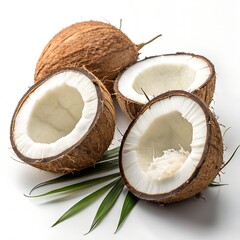 coconut halves, tropical fruit, white fles,h brown
