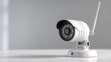 Compact wireless security camera with antenna on a white surface