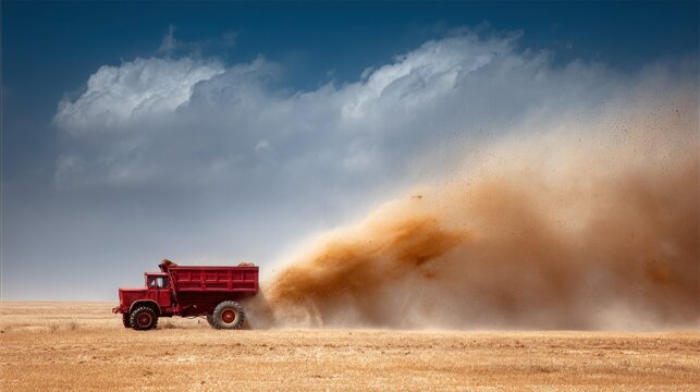 Combine engine ejecting chaff from back while moving through dry grain field