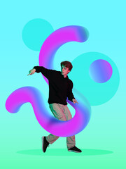 Male hip-hop dancer interacts with vibrant 3D gradient shapes against a colorful background. Concept of futuristic digital interaction and creative design, rhythm-based engagement in youth culture