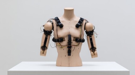 Dummy torso with chest sensors and mechanical arms on a white platform