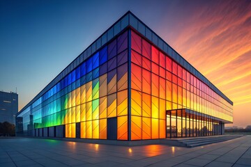 sunset over the city, colorful glass building, digital illustration of a futuristic building