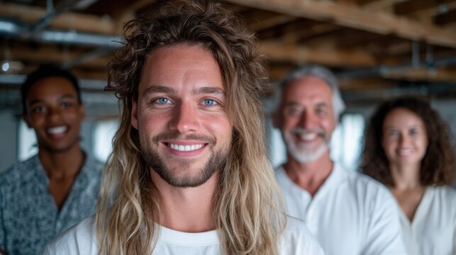 A cheerful group portrait of diverse individuals with bright smiles, standing together in a modern workspace, reflecting teamwork, inclusivity, and collaboration. - Powered by Adobe