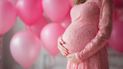 beautiful pregnant woman surrounded by pink balloons animation - Powered by Adobe