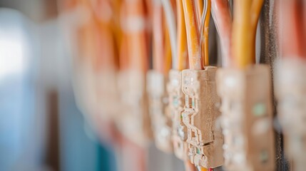Electrical wiring and circuit breakers in a residential setting with close-up detail highlighting connections and components
