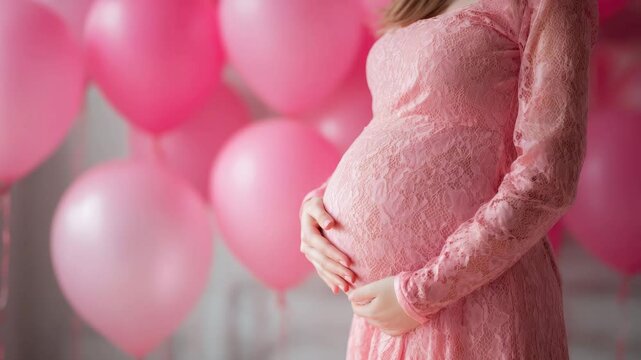 beautiful pregnant woman surrounded by pink balloons animation