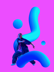 Obraz na płótnie Canvas A dancer strikes a dynamic pose surrounded by blue 3D gradient shapes against a vivid pink background. Concept of artistic expression and creativity in dance. Inclusive expression through movement