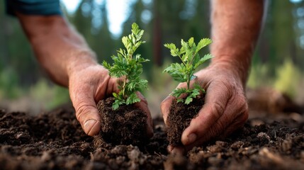 An evocative close-up of hands gently planting young herb seedlings into rich, dark soil, symbolizing growth, nurture, and connection with the Earth.