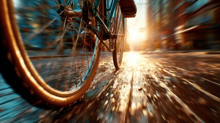 An abstract close-up view of bicycle wheels in motion, portraying an exhilarating sense of speed and adventure as sunlight reflects off wet pavement during a vibrant ride.