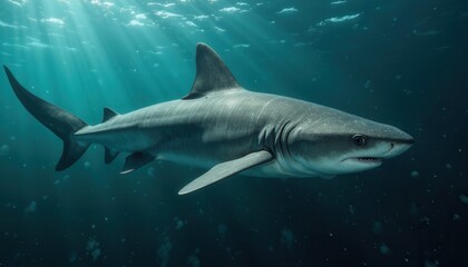 Fototapeta premium Shark swimming in ocean depths with sunlight filtering water