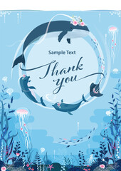 Blue underwater background with floral sea creatures for greeting, thank you cards