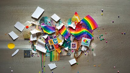 Falling white paper fragments scattering across wood table, covering rainbow strips, paint drips - Powered by Adobe