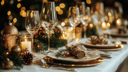 Festive Christmas table setting with elegant gold accents and greenery