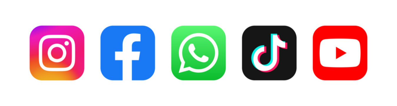Instagram, Faceboo, WhatsApp, Tiktok, YouTube logo icon. Social media icons button. Most popular social networks