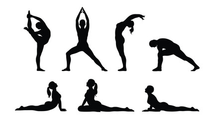 Minimalist Exercise Pose Icon Set – Black and White Stick Figure Illustrations of Movement and Stretching