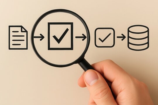 A hand holds a magnifying glass focusing on a checklist process leading to a database
