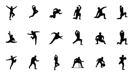Minimalist Exercise Pose Icon Set – Black and White Stick Figure Illustrations of Movement and Stretching