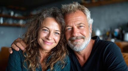 Obraz premium A lovingly captured moment of an older couple smiling as they snuggle closely on a couch, promoting themes of love, companionship, and comfort in their cozy surroundings.