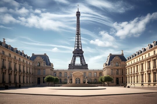 The eiffel tower rises majestically between elegant parisian buildings under a bright blue sky with wispy clouds, creating a picturesque urban landscape