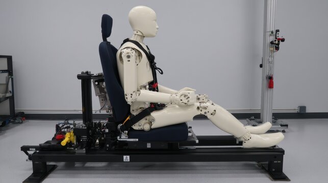 Side silhouette of seated crash dummy facing left on a test bench
