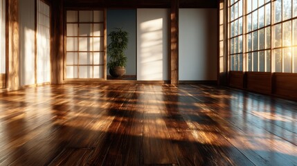 Obraz premium A beautifully lit wooden floored room with large windows, inviting greenery, and a calm atmosphere that evokes feelings of peace and tranquility in a modern space.