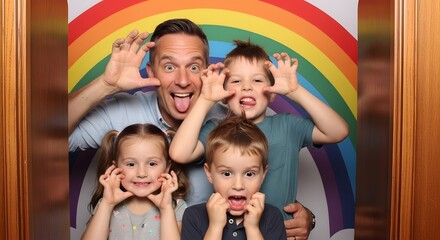 Family photo booth fun: dad and kids making silly faces with rainbow backdrop for memorable moments 100 father's day