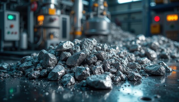 Metallic minerals on industrial conveyor belt in factory