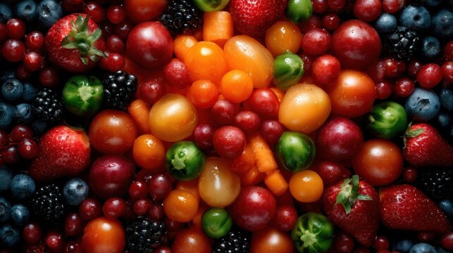 A vibrant assortment of various fruits displayed together, showcasing strawberries, blueberries, cherries, and more, ideal for healthy lifestyle imagery and food art.