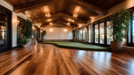 Fototapeta premium This luxurious indoor space features an elegant putting green surrounded by large windows, natural light, and lush indoor plants, perfect for golf enthusiasts and social gatherings.