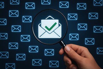 A hand uses a magnifying glass to examine an email with a checkmark