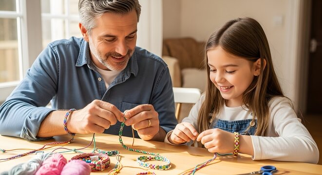Father and daughter making friendship bracelets together diy craft activity bonding time family fun creative project father's day - Powered by Adobe