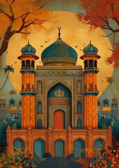 Obraz premium Indian traditional mughal pichwai art architecture building painting.
