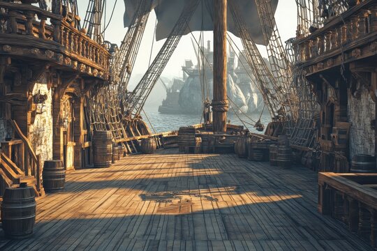 Outside of pirate old ship. daylight view of ship background. 3d illustration of deck of a pirate ship, Daylight view of a pirate ships deck in a 3D illustration, showcasing the ships exterior 