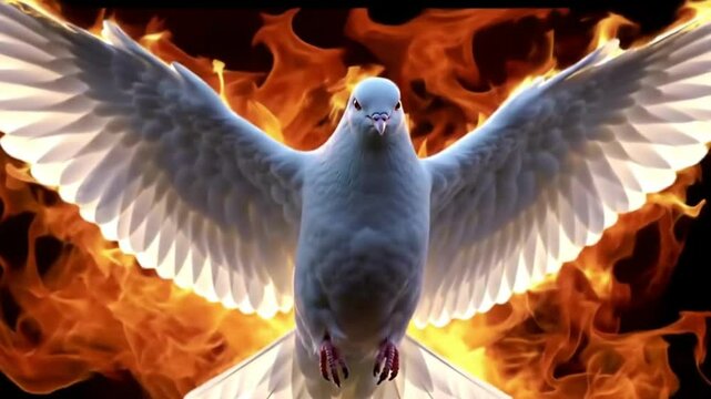 Holy Spirit dove flying with open wings in the middle of fire flames background