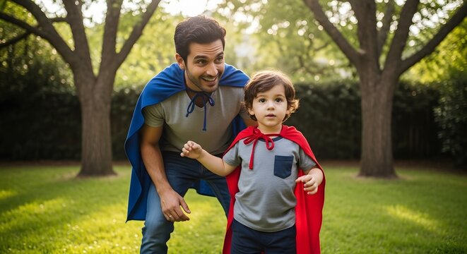 Father and son superheroes playing in backyard having fun together family time superhero costume outdoor activity father's day