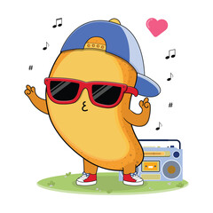 Cool And Cute Colorful Mango Fruit Cartoon Character Illustration Enjoying Music On The Radio
