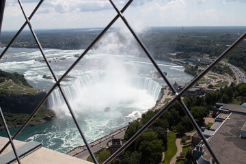 Horseshoe Falls, Niagara Falls from the Canadian side from Skylon Tower looking through mesh wire fence