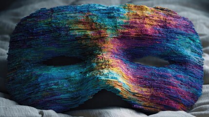 Disrupted sleep concept. Vibrant theatrical mask resting on soft fabric background.