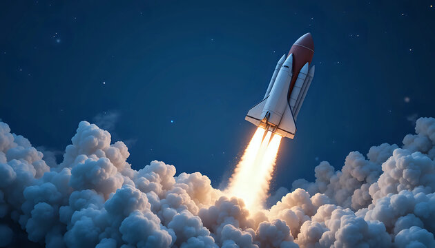 Creative shuttle rocket takes off successfully with blast and clouds of smoke on a blue background, concept. Spaceship launches, creative idea