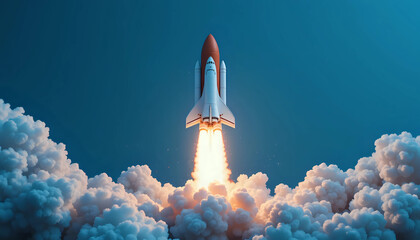 Creative shuttle rocket takes off successfully with blast and clouds of smoke on a blue background, concept. Spaceship launches, creative idea
