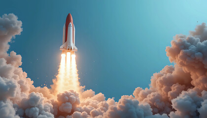 Creative shuttle rocket takes off successfully with blast and clouds of smoke on a blue background, concept. Spaceship launches, creative idea