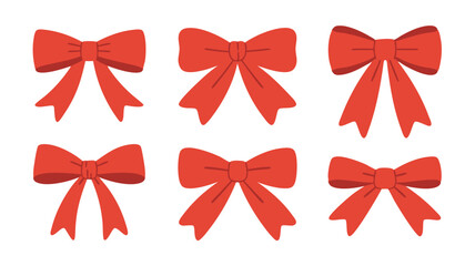 Six Red Bows with Tied Centers, Gift Decorations, Ornament Holiday Accessories, Ribbon Knots