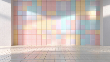 Pastel iridescent tile room with reflective glossy surface