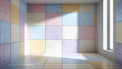 Pastel iridescent tile room with reflective glossy surface