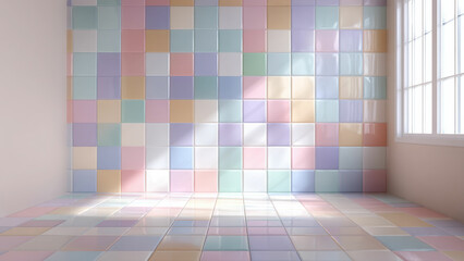 Pastel iridescent tile room with reflective glossy surface